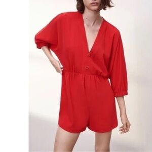 NWT Zara Red Romper Half Puff Dolman Sleeve V Neck Shorts Sz L